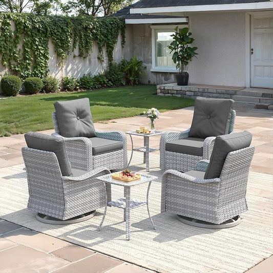 6-Piece Patio Furniture Set, Outdoor Swivel Rocking Chairs with 4" Thick Cushions & Side Table, All-Weather PE Rattan & Rust-Resistant Steel Frame Conversation Set for Porch, Garden, Charcoal Gray