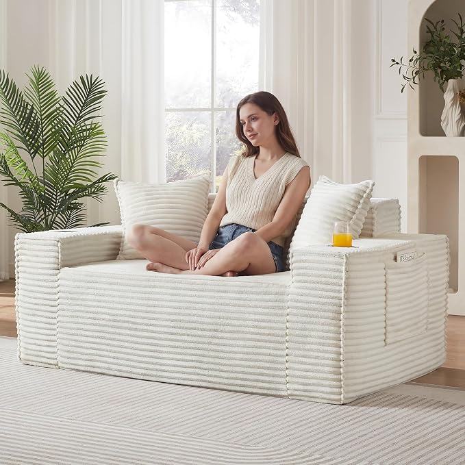 2 Pcs Living Room Cloud Sofa Set, Boneless Sofa Couches with Cup Holder with Side Pocket for Compact Living Rooms, Apartments (Beige White, Single Chair + 3 Seat Sofa)