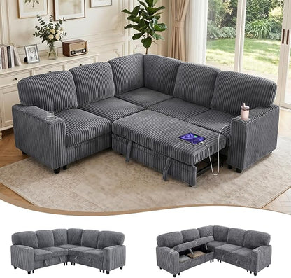 Sectional Sleeper Sofa with Pull Out Bed, Plush Corduroy L Shaped Corner Couch with Storage, USB Ports, Cup Holders, Comfy Sectional Couches for Living Room, Grey