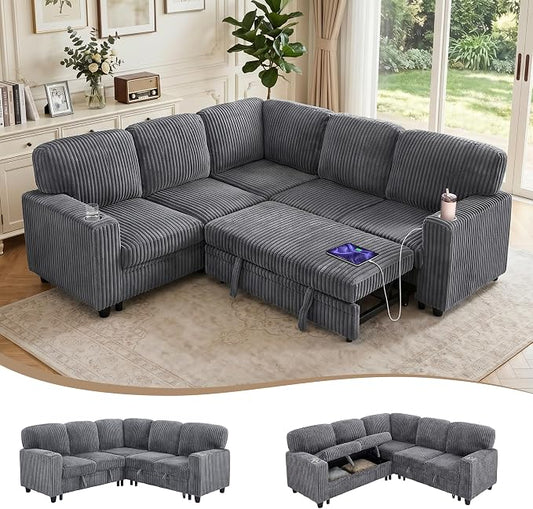 Sectional Sleeper Sofa with Pull Out Bed, Plush Corduroy L Shaped Corner Couch with Storage, USB Ports, Cup Holders, Comfy Sectional Couches for Living Room, Grey
