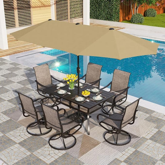 PHI VILLA 8 PCS Patio Dining Set with 13ft Large Patio Umbrella(Beige), 6 Outdoor Swivel Chairs & 1 Rectangle Metal Table for 6 Person, Patio Dining Fruniture Set for Lawn Garden(No Umbrella Base)