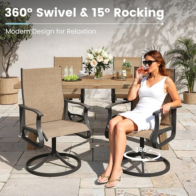 7 Pieces Patio Dining Set, Patio Outdoor Furniture Set of 6 Patio Swivel Dining Chairs and Patio Spliced Rectangular Tabletop with Umbrella Hole, for Deck, Backyard, Poolside & Garden