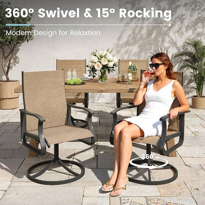 7 Pieces Patio Dining Set, Patio Outdoor Furniture Set of 6 Patio Swivel Dining Chairs and Patio Spliced Rectangular Tabletop with Umbrella Hole, for Deck, Backyard, Poolside & Garden