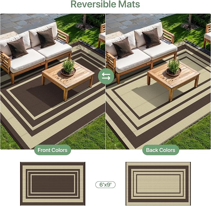 GENIMO 6' x 9' Outdoor Rug Waterproof for Patio Decor, Reversible Plastic Straw Area Rugs Mat for Camper, Outside Carpet for Rv, Deck, Porch, Picnic, Balcony, Mix-Coffee & Beige