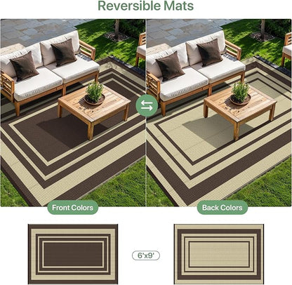 GENIMO 6' x 9' Outdoor Rug Waterproof for Patio Decor, Reversible Plastic Straw Area Rugs Mat for Camper, Outside Carpet for Rv, Deck, Porch, Picnic, Balcony, Mix-Coffee & Beige