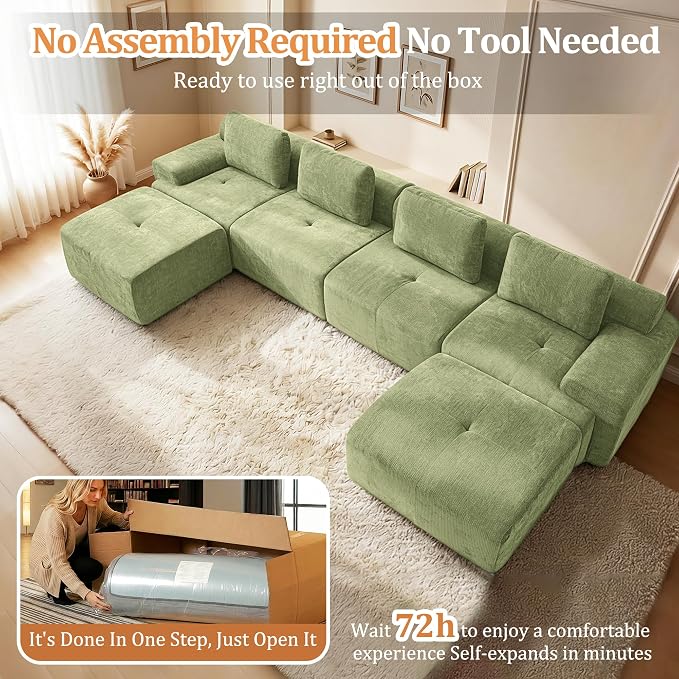 159" U-Shaped Modular Sectional Sofa, Oversized Boneless Cloud Couch for Living Room with Extra Deep Seat & High Back, Tool-Free No Assembly, Soft Chenille (Olive Green, 159 inch-U shaped（4+2）)