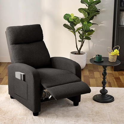 Recliner Chair for Living Room, Modern Adjustable Home Theater Seating Single Sofa Manual Push Back Armchair with Soft Linen Upholstery & High Backrest for Small Spaces, Linen-Black