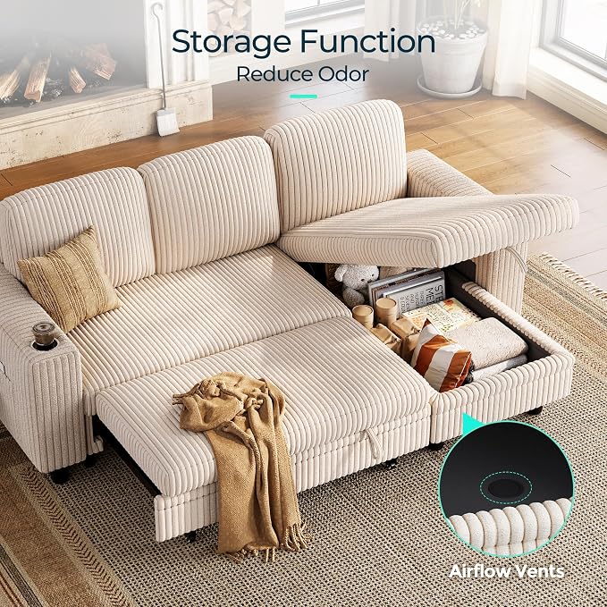 LINSY Home 81" Modular Sectional Couch with Pull Out Bed, L Shaped 3 Seats Sofa with Storage Chaise, Corduroy Convertible Sofa Bed, USB, Cup Holders, Side Pocket, Sleeper Sofa for Living Room, Beige