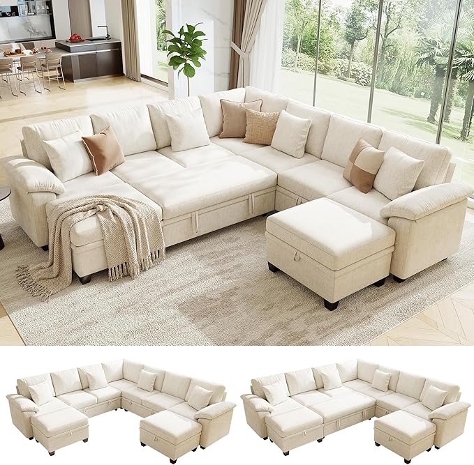 107.8" Oversized Modular Sectional Sofa with Pull Out Bed, 9 Seat U Shaped Sectional Sleeper Sofa with 291L Storage, Convertible Cloud Couch Bed, Sectional Couches for Living Room, Apartment (Beige)