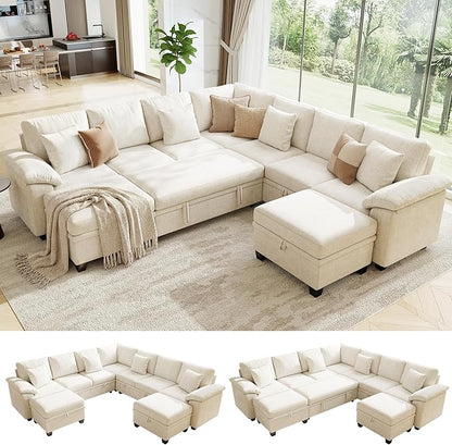 107.8" Oversized Modular Sectional Sofa with Pull Out Bed, 9 Seat U Shaped Sectional Sleeper Sofa with 291L Storage, Convertible Cloud Couch Bed, Sectional Couches for Living Room, Apartment (Beige)