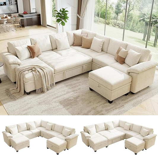 107.8" Oversized Modular Sectional Sofa with Pull Out Bed, 9 Seat U Shaped Sectional Sleeper Sofa with 291L Storage, Convertible Cloud Couch Bed, Sectional Couches for Living Room, Apartment (Beige)