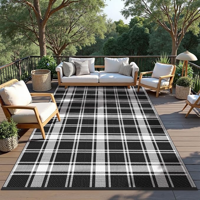 GENIMO Waterproof Outdoor Rug for Patio Clearance, 6'x9' Reversible Plastic Straw Rugs, Lightweight RV Camping Mat for Camper, Balcony, Deck, Backyard, Picnic, Black White Plaid