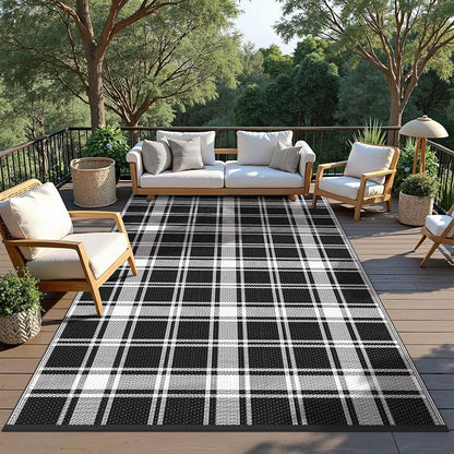 GENIMO Waterproof Outdoor Rug for Patio Clearance, 6'x9' Reversible Plastic Straw Rugs, Lightweight RV Camping Mat for Camper, Balcony, Deck, Backyard, Picnic, Black White Plaid
