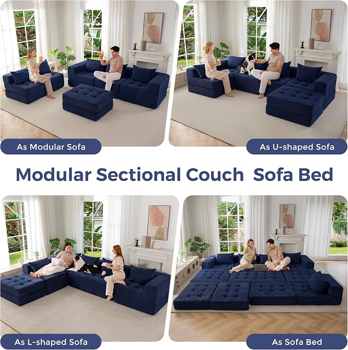 MAXYOYO Modular Sectional Sofa Couch, Foldable U Shaped Cloud Couch with Pillows, Tufted 6-Seat Boneless Lounger Floor Sofa Bed for Living Room, No Assembly Required, Navy