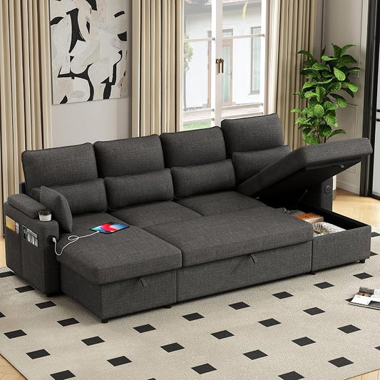 L-Shaped Sectional Sofa with Storage, Reversible Sleeper Sofa Couch with Chaise, Soft Fabric Upholstered Modular Couch with Cup Holder & Side Pockets, 1000lbs Capacity for Living Room