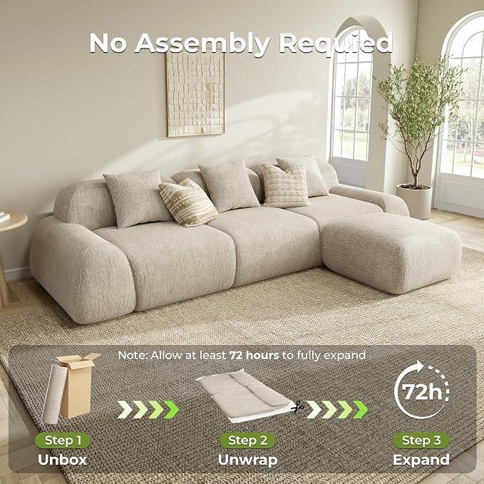 LIKIMIO LumiPebble Modular Sectional Sofa with Ottoman, 110" L-Shaped Boneless Couch for Living Room, Deep Seat with LuxeChenille Upholstery, No Assembly Required, Oatmeal