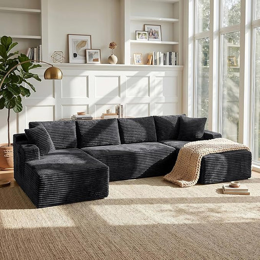 Boneless Couch, 127" Sofas for Living Room, U Shaped Couch with Chaise | Sectional Sofa, Cloud Couch Sectional with Cup Holders and Storage, Cloud Sofa with Deep Seat, Grey, Corduroy, No Assembly