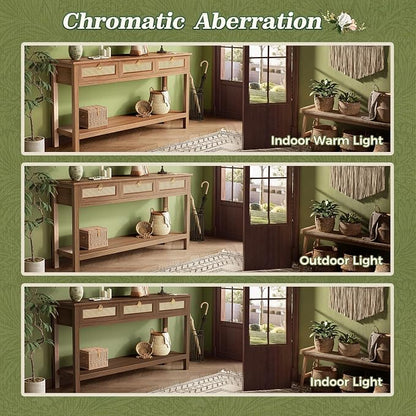 SUPERJARE Rattan Console Sofa Table with Outlets and USB-C Port, 3 Drawer Entryway Table with Synthetic Rattan Surface, 53.9 Inch, Open Shelf, Behind Couch Entry Foyer Hallway Storage, Brown