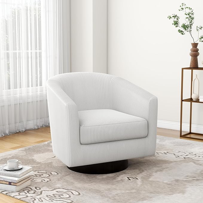 Swivel Accent Chair, Upholstered Corduroy Barrel Chair for Living Room, Small Single Sofa Bedroom Reading Seat, Beige