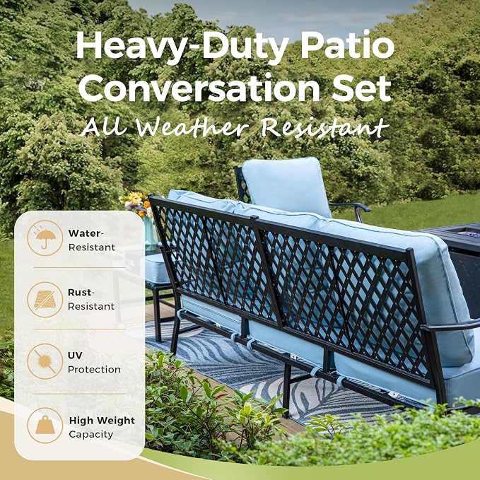 MIXPATIO Patio Couch Metal 3-Seat Outdoor Sofa Deep Seating Outdoor Furniture Blue Cushion for Front Porch, Deck, Balcony, Backyard, Sunroom