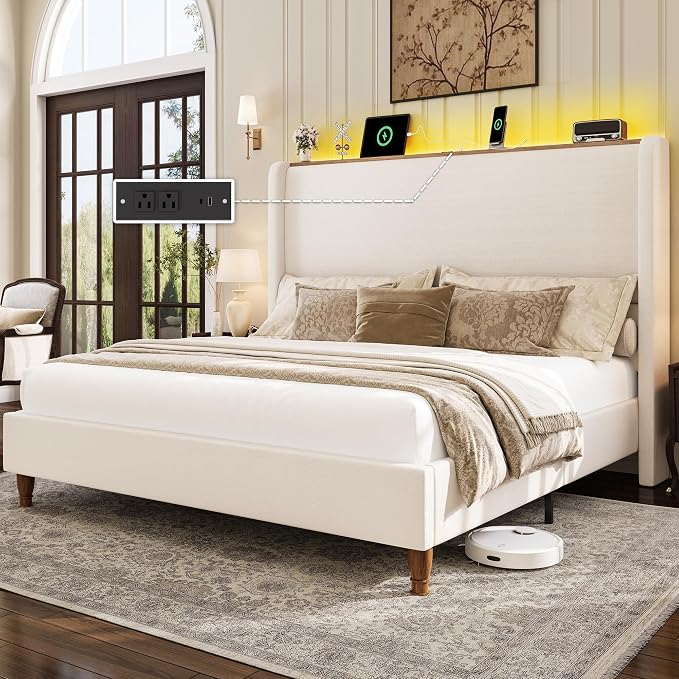 LARMACE King Size Bed Frame with LED Lights and Charging Station Linen Upholstered Platform Bed Frame with 51.2" Tall Wingback Headboard and Storage Shelf, No Box Spring Needed, Easy Assembly, Beige
