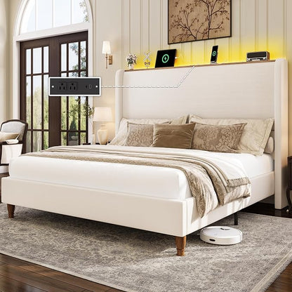 LARMACE King Size Bed Frame with LED Lights and Charging Station Linen Upholstered Platform Bed Frame with 51.2" Tall Wingback Headboard and Storage Shelf, No Box Spring Needed, Easy Assembly, Beige