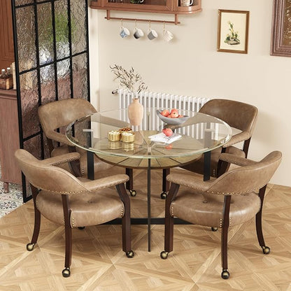 LEEMTORIG Set of 4 Large Dining Chairs with Casters and Arms, Rolling Dining Chairs with Wheels, Accent Game Table Chairs, 26“Dx25.2 Wx31.5“H, Cherry Legs & Yellowish Brown PU SY-1533-PMB04