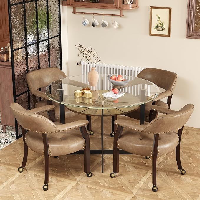 LEEMTORIG Large Dining Chairs with Casters and Arms, Rolling Dining Chairs with Wheels, Accent Game Chairs Boss Caption's Chairs, 26"D x 25.2"W x 31.5"H, Cherry Legs & Yellowish Brown PU SY-1533-PMB