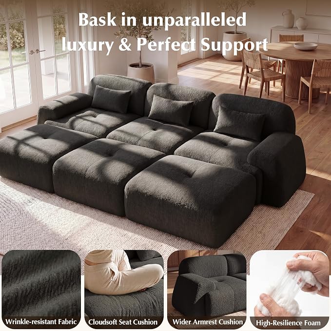 118'' Modular Sectional Cloud Couch Boneless Couches, Oversize Curved Sectional Couches for Living Room, Deep Seat Couch Lambswool Sofa with Ottoman & Throw Pillows, No Assembly, HR Foam