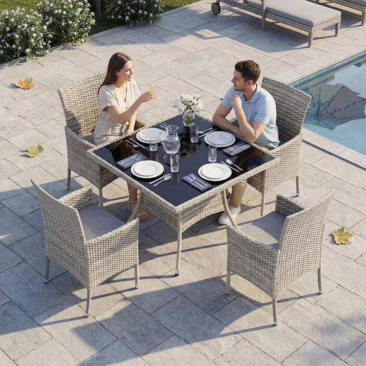 5-Piece Patio Dining Set, Patio Furniture Set with Square Tempered Glass Table & 4 Wicker Chairs, Expandable Design for Larger Groups, Outdoor Furniture for Backyard, Deck, Garden, Grey