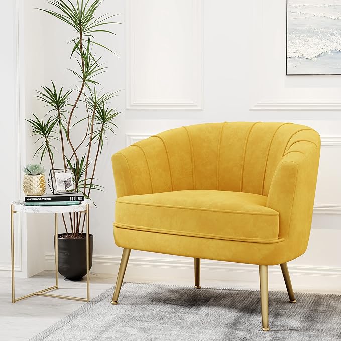 Andeworld Velvet Accent Chair, Upholstered Modern Single Sofa Side Chair,Comfy Barrel Club Living Room Armchair with Golden Metal Legs for Bedroom Living Reading Room Office, Yellow