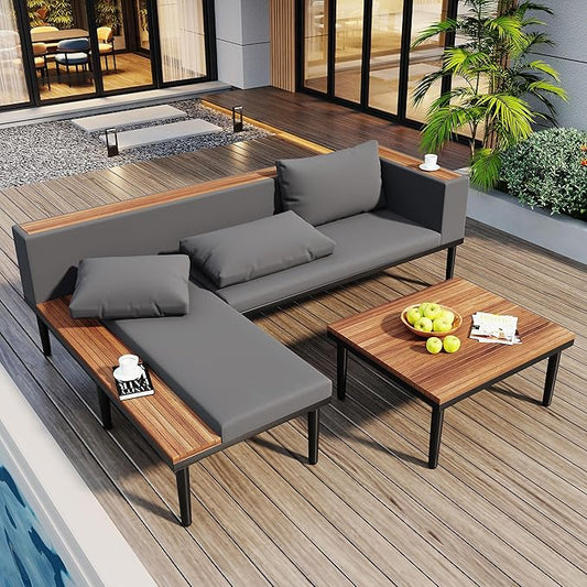 VilroCaz Luxury Outdoor Patio Furniture Set, L-Shaped Acacia Wood Sectional Sofa with Side Table, All-Weather Conversation Set with Removable Cushions and Coffee Table for Backyard Porch (Gray-4.20)