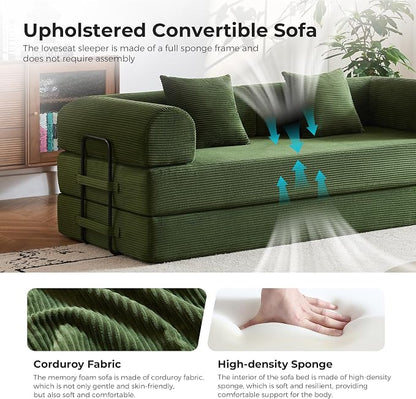 79" 5-in-1 Convertible Sofa Bed No Assembly, Boneless Couch Bed with High Density Foam, Foldable Sleeper Sofa, Corduroy Modular Couch for Apartment, Studio, Dorm Room, Small Space, Olive Green