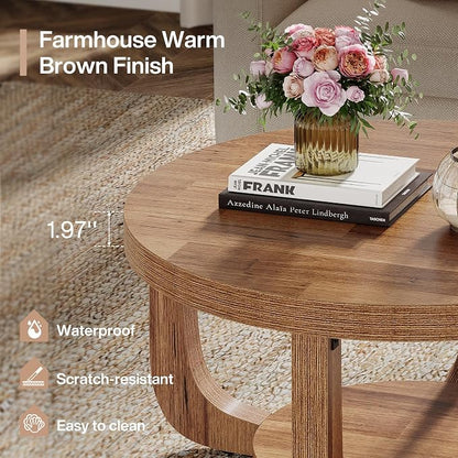 Tribesigns Round Coffee Table, 2-Tier Circle Coffee Table with Storage, Modern Wooden Accent Center Table for Living Room, Thick Tabletop & Base (Rustic Brown)