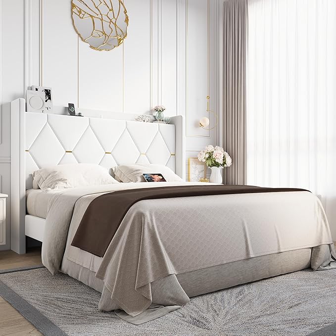 Allewie Velvet Queen Upholstered Bed Frame with Wingback Storage Headboard & Charging Station, Platform Bed with Diamond Tufted Design & Gold Trim, No Box Spring Needed, Easy Assembly, White