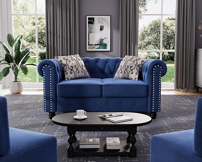 Morden Fort 2 Piece Classic Chesterfield 5-Seater Set, Tufted Loveseat & Sofa Furniture Solid Wood Legs Thick Cushion, Pet-Friendly Couch Set for Living Room Bedroom Apartment, Velvet Blue