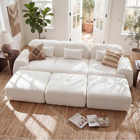 118'' Modular Sectional Cloud Couch Boneless Couches, Oversize Curved Sectional Couches for Living Room, Deep Seat Couch Lambswool Sofa with Ottoman & Throw Pillows, No Assembly, HR Foam
