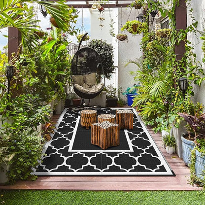 GENIMO 9 ' x 12 ' Outdoor Rug for Patio Clearance, Waterproof Indoor Outdoor Plastic Straw Rugs Carpet, Reversible Outside Area Rv Mat for Camping, Balcony Porch, Deck, Picnic, Beach (Black & White)