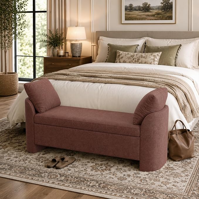 Usaint 58.3" Storage Ottoman Bench with Pillows, Upholstered End of Bed Bench with Arms, Footrest Stool Bench for Bedroom, Living, Window, Entryway and Hallway, Green, Rusty Red