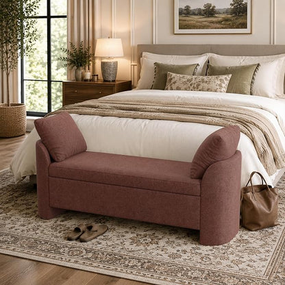 Usaint 58.3" Storage Ottoman Bench with Pillows, Upholstered End of Bed Bench with Arms, Footrest Stool Bench for Bedroom, Living, Window, Entryway and Hallway, Green, Rusty Red