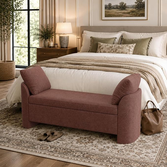 Usaint 58.3" Storage Ottoman Bench with Pillows, Upholstered End of Bed Bench with Arms, Footrest Stool Bench for Bedroom, Living, Window, Entryway and Hallway, Green, Rusty Red