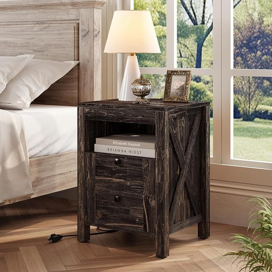 Luoxiao Nightstand Set of 2 with Charging Station, End Table, 18" Farmhouse Side Table with 2 Storage Drawers, Rustic Wooden Sofa Table, Bedside Cabinet for Living Room, Bedroom