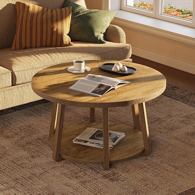 LITTLE TREE Round Coffee Table, 2-Tier Center Table with Storage, Wooden Legs, 31.5 Dia. x 19.6 H Inches, Easy Assembly, Circle Coffee Tables for Living Room, Bedroom