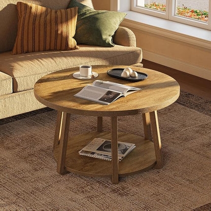 LITTLE TREE Round Coffee Table, 2-Tier Center Table with Storage, Wooden Legs, 31.5 Dia. x 19.6 H Inches, Easy Assembly, Circle Coffee Tables for Living Room, Bedroom