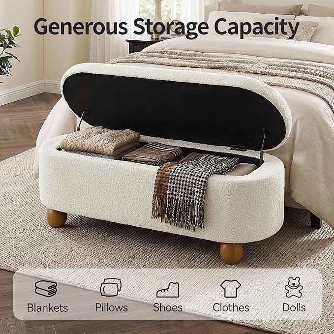 VKNOW 44.8" Storage Ottoman Bench End of Bed Bench, Thickened Upholstered Blanket Chest for Living Room, Entryway Bench with Hinge and Cute Spherical Solid Wood Stool Legs for Bedroom, Beige