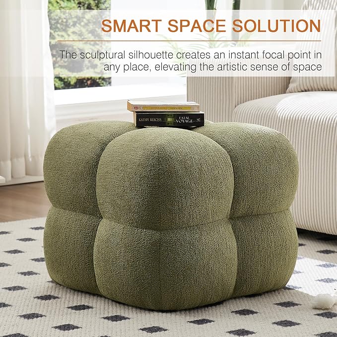 Zesthouse Square Pouf Ottomans Footstool Set of 2, Upholstered Poofy Ottoman for Couch Sofa, Modern Vanity Chair Backless for Living Room, Green Boucle Stool Foot Rest, Fabric Ottoman Coffee Table
