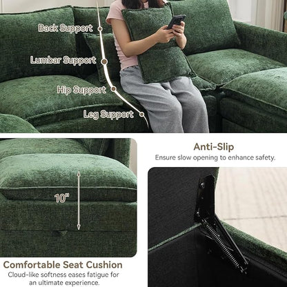 80" Green Modular Storage Sofa, V Shaped Chenille Cloud Couch with Armrest | Oversized Convertible Sectional Sofa, 5-Seat Sectional Couch With Armrests, Large Cloud Couch For Living Room, Apartment.
