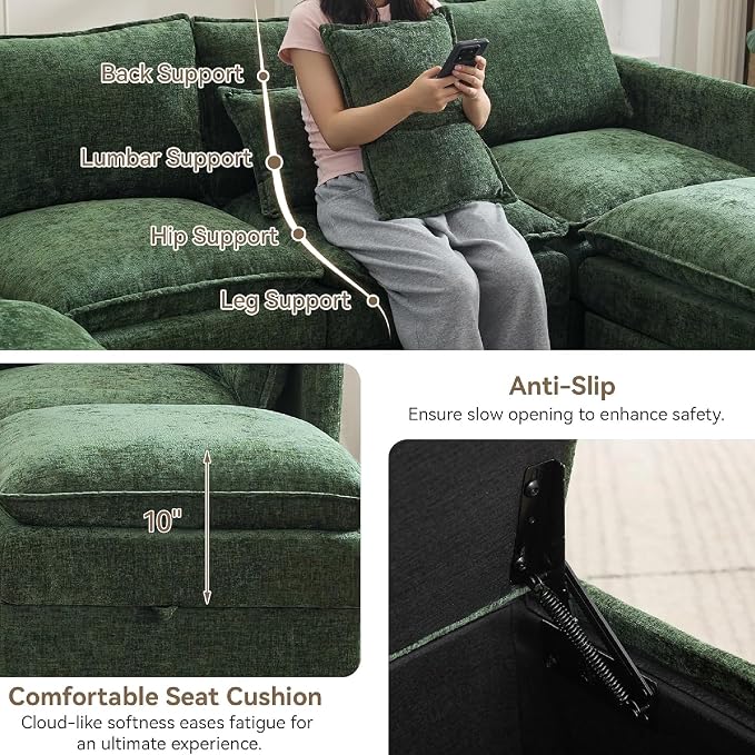 105" Green Modular Storage Sofa, U Shaped Chenille Couch with 2 Ottomans | Oversized Convertible Sectional Sofa, 6-Seat Sectional Couch With 2 Ottomans, Large Cloud Couch For Living Room, Apartment.