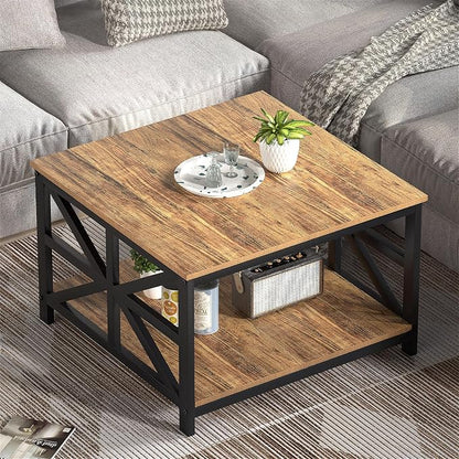 GreenForest Rustic Living Room Coffee Table with 2 Tier Storage | X Metal Frame Square Center Table with Seamless One-Piece Tabletop,27.55 inch Sofa Table,Scratch-resistant,Walnut