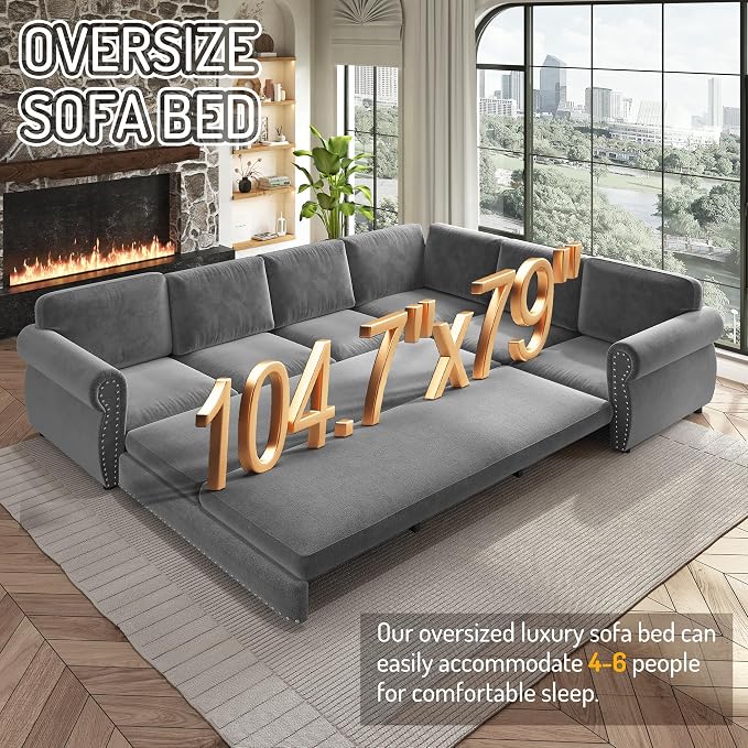 118" L-Shaped Sleeper Couch Bed - Oversize Convertible with Pull-Out Sofa Bed, Button Tufted Chesterfield Sofa, Chenille Sectional Vintage Couches for Living Room/Apartment(6-Seater, Light Grey) | Oversize Convertible